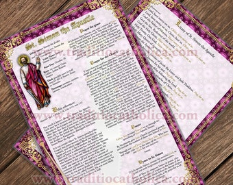 May include: Printable prayer card featuring St. Simon the Apostle. The card has a pink and gold background with a picture of St. Simon holding a sword. The text includes a prayer to St. Simon, a prayer for grace, and a prayer for the Church.
