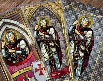 Saint George, patron of soldiers and many diseases laminated Prayer cards. St. George stained glass art.