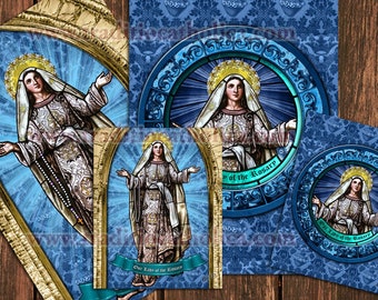 Our Lady of the Rosary stained glass prints. Ready to frame.