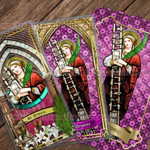 Saint Perpetua Traditional Catholic stained glass and lace Holy Prayer card. St. Perpetua stained glass art