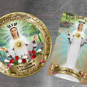 Our Lady of Beauraing, Belgium gold round 4 inch and rectangular custom refrigerator magnet. Apparitions of Mary. Beauraing statue.