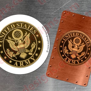 May include: A white circle with a gold United States Army seal. The seal features an eagle with a shield and olive branches. The text "UNITED STATES ARMY" is written around the seal.