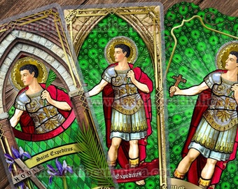 Saint Expeditus, patron of emergencies and fast solutions laminated Prayer card. St. Expeditus stained glass art.