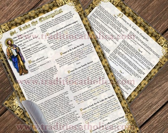 Estampa de oración sagrada de gran tamaño, laminada, con diseño de vitral, dedicada a San Lucas Evangelista. Arte devocional. Novena a San Lucas Evangelista.