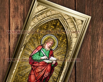 Láminas enmarcadas artesanalmente de San Juan Evangelista. Tamaño 7x14. Arte de vidrieras de San Juan Evangelista.