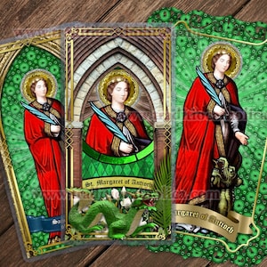 Saint Margaret of Antioch Traditional Catholic stained glass and lace Holy Prayer cards. St. Margaret of Antioch stained glass art