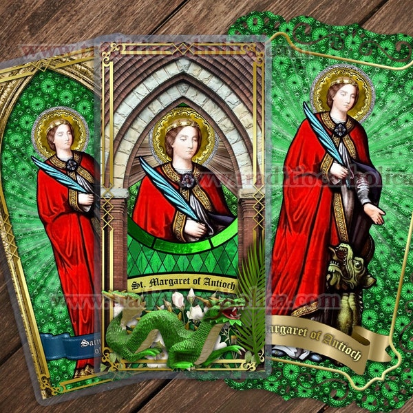 Saint Margaret of Antioch Traditional Catholic stained glass and lace Holy Prayer cards. St. Margaret of Antioch stained glass art