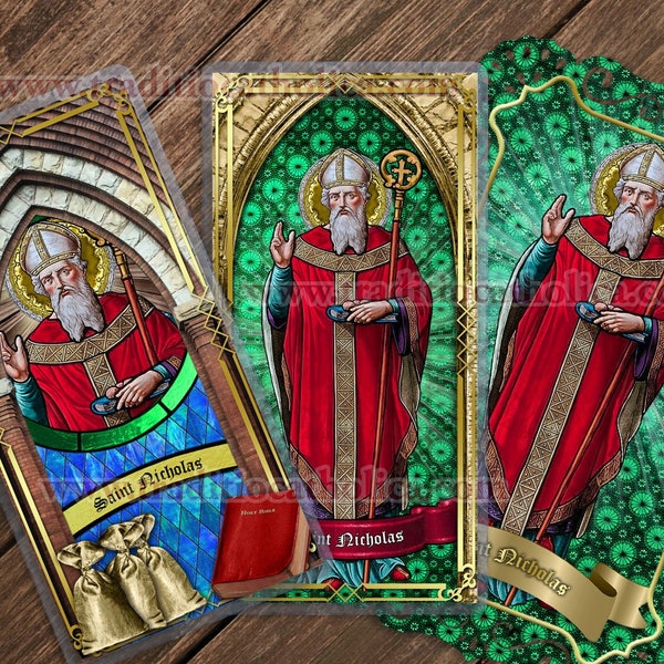 Saint St Nicholas, Patron of Children Stained Glass laminated Holy Prayer card. Stained Glass Card Collection. 5 mil thick