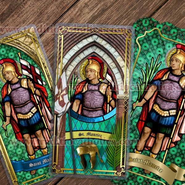 Saint St. Maurice, patron of soldiers, gout, infantry laminated Prayer card. St. Maurice stained glass art.