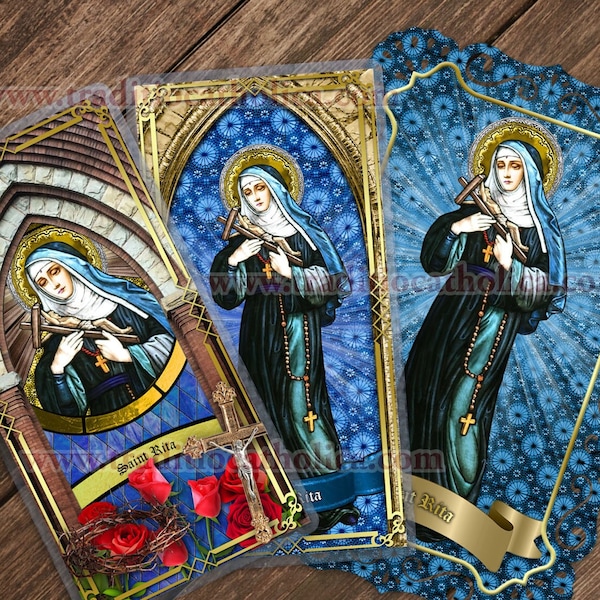 Saint Rita of Cascia, patron of wounds - Stained Glass laminated Holy Prayer cards. St. Rita prayer cards.