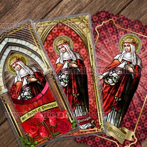 Saint Isabel of Portugal, patron of difficult marriages - Stained Glass laminated Holy Prayer cards. St. Elizabeth of Portugal.
