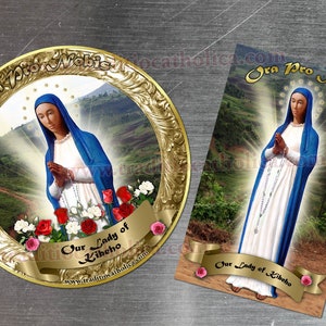 Our Lady of Kibeho, Rwanda gold round and rectangular custom refrigerator magnets. Our Lady of Kibeho statue.