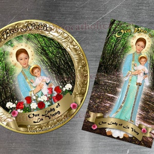 Our Lady of La Vang, Vietnam gold round and rectangular custom refrigerator magnets. Our Lady of La Vang statue.