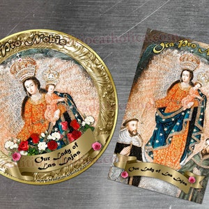 Our Lady of Las Lajas, Colombia gold round and rectangular custom refrigerator magnets. Our Lady of Las Lajas image.