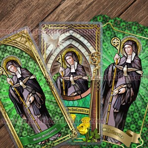 Saint Scholastica laminated Catholic Holy Prayer Cards. St. Scholastica stained glass art