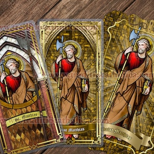 Saint Matthias the Apostle Catholic Holy Prayer Cards. St. Matthias stained glass art. St. Matthias laminated and lace cards.