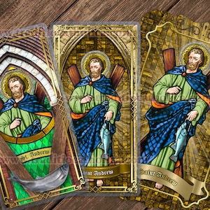 Saint Andrew the Apostle Catholic Holy Prayer Cards. St. Andrew stained glass art. St. Andrew laminated and lace cards.