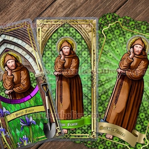 Heilige Fiacre, patroonheilige van tuiniers en aambeien gelamineerde gebedskaart. St. Fiacre glas-in-loodkunst.