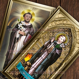 Saint St. Dominic, hound of the Lord handcrafted framed prints. 7x14 size. St. Dominic statue and stained glass art