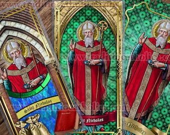 Saint St Nicholas, Patron of Children Stained Glass laminated Holy Prayer card. Stained Glass Card Collection. 5 mil thick