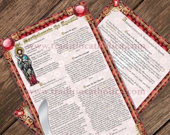 Andakt till aposteln Bartolomeus Natanael, stort laminerat bönekort i målat glas. Andaktskonst. Novena till Bartolomeus