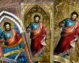 Saint Paul the Apostle Catholic Holy Prayer Cards. St. Paul stained glass art. St. Paul laminated and lace cards.