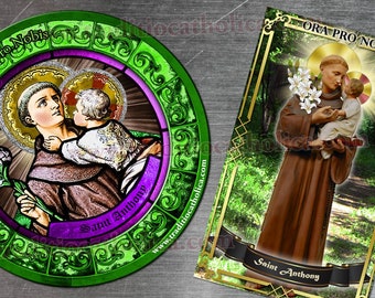 Saint St. Anthony, patron of lost articles Stained Glass round 4 inch and rectangular refrigerator magnets. St Anthony stained glass art.