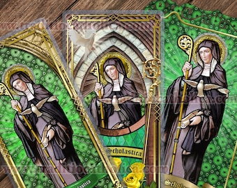 Saint Scholastica laminated Catholic Holy Prayer Cards. St. Scholastica stained glass art