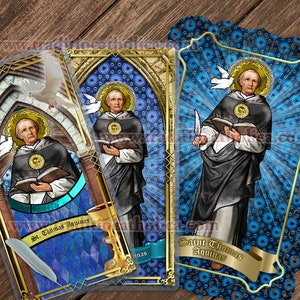 Saint Thomas Aquinas, Doctor of the Church Traditional Catholic stained glass lace Holy Prayer card. St. Thomas Aquinas stained glass art