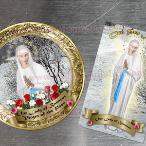 Our Lady of Banneux, Belgium, Virgin of the Poor gold round and rectangular custom refrigerator magnets. Banneux statue.