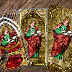 Saint John the Apostle and Evangelist Catholic Holy Prayer Cards. St. John stained glass art. St. John laminated and lace cards.