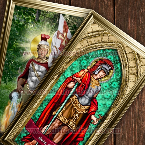 Saint Florian handcrafted stained glass and statue framed prints. 7x14 size. St. Florian prints