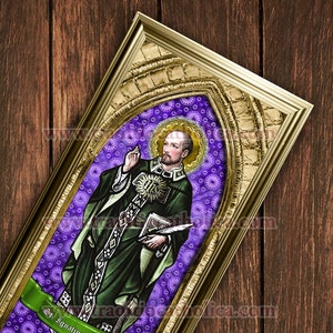 Saint Ignatius of Loyola stained glass handcrafted framed print. 7x14 size. St. Ignatius of Loyola print.