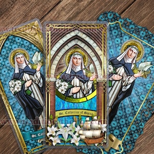 Saint Catherine of Siena laminated Holy Prayer cards. St. Catherine Stained Glass art