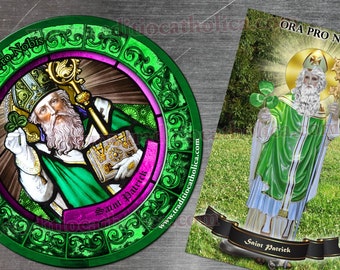 Saint Patrick of Ireland Stained Glass round 4 inch and rectangular custom refrigerator magnets.