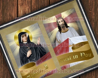 Saint Faustina of Divine Mercy with Jesus double framed prints with silver or gold mat. St. Faustina 8x10 size picture.