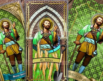 Heiliger Isidor der Bauer Traditionelle katholische Glasmalerei-Spitzen-Heilig-Gebetskarte. St. Isidor der Bauer Glasmalereikunst