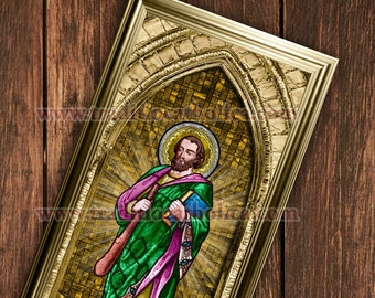 São Tiago Menor, o Apóstolo, estampas emolduradas feitas à mão. Tamanho 7x14. Arte em vitral de São Tiago Menor, o Apóstolo.