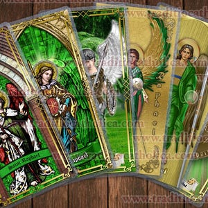 St. Saint Raphael Archangel laminated Holy Prayer cards. Stained Glass, Icon style and statue art. Saint Raphael Card.
