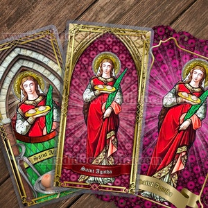 Saint Agatha, breast cancer - Stained Glass laminated Holy Prayer cards. Intercession prayers to St. Agatha the Martyr.
