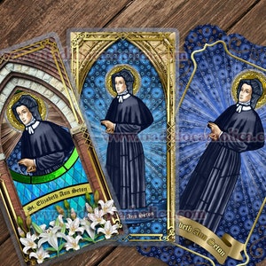 Saint St. Elizabeth Ann Seton, patron of dying children and widows laminated Prayer card. St. Elizabeth stained glass art.