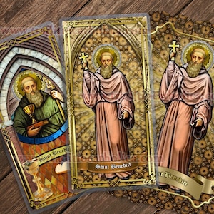 Saint Benedict, kidney problems - Stained Glass laminated Holy Prayer cards. St. Benedict art - Stained Glass card collection.