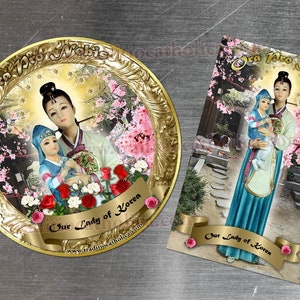 Our Lady of Korea gold round and rectangular custom refrigerator magnets. Our Lady of Korea statue.