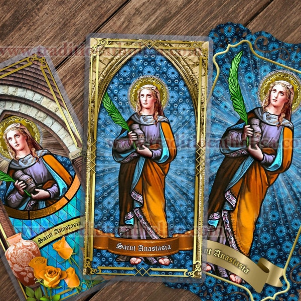 Saint Anastasia, Roman martyr laminated Holy Prayer cards. Patron of widows and poisonings. Intercession prayers to St. Anastasia.