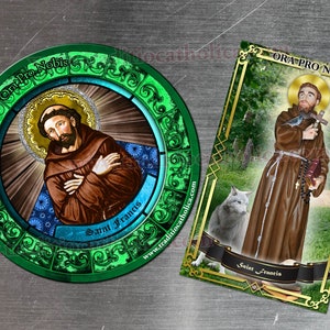 Saint Francis of Assisi, patron of animals Stained Glass round and rectangular refrigerator magnets. St. Francis stained glass art.