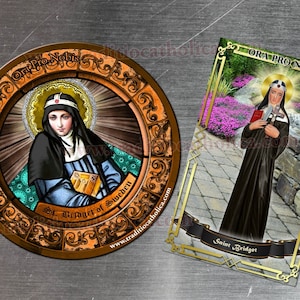 Saint Bridget of Sweden Stained Glass round 4 inch and rectangular refrigerator magnet. St. Bridget stained glass art.