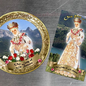 Our Lady of La Salette, France gold round and rectangular custom refrigerator magnets. Our Lady of La Salette statue.