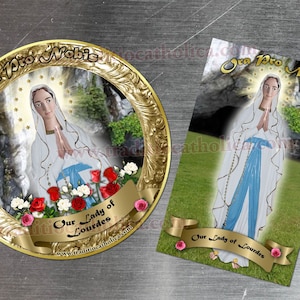 Nossa Senhora de Lourdes, França, ímãs de geladeira redondos e retangulares dourados personalizados. Estátua de Nossa Senhora de Lourdes.
