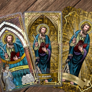 Saint Matthew the Apostle and Evangelist Catholic Holy Prayer Cards. St. Matthew stained glass art. St. Matthew laminated and lace cards.