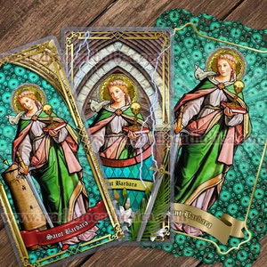 Saint Barbara laminated Catholic Holy Prayer Cards. St. Barbara stained glass art